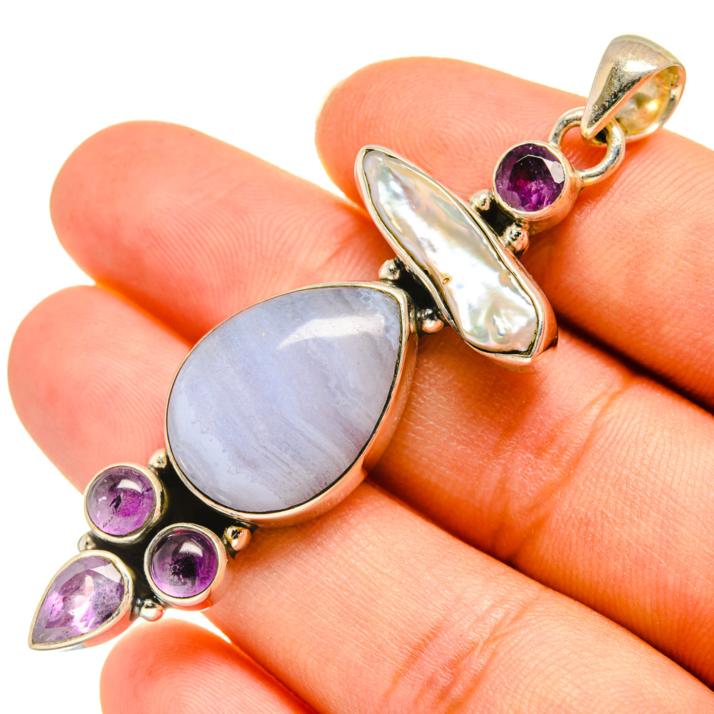 Blue Lace Agate, Mother Of Pearl, Amethyst Pendants handcrafted by Anasilvercos - PD8018