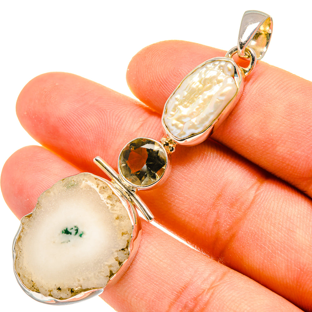 White Solar Quartz, Mother Of Pearl, Peridot Pendants handcrafted by Anasilvercos - PD8156
