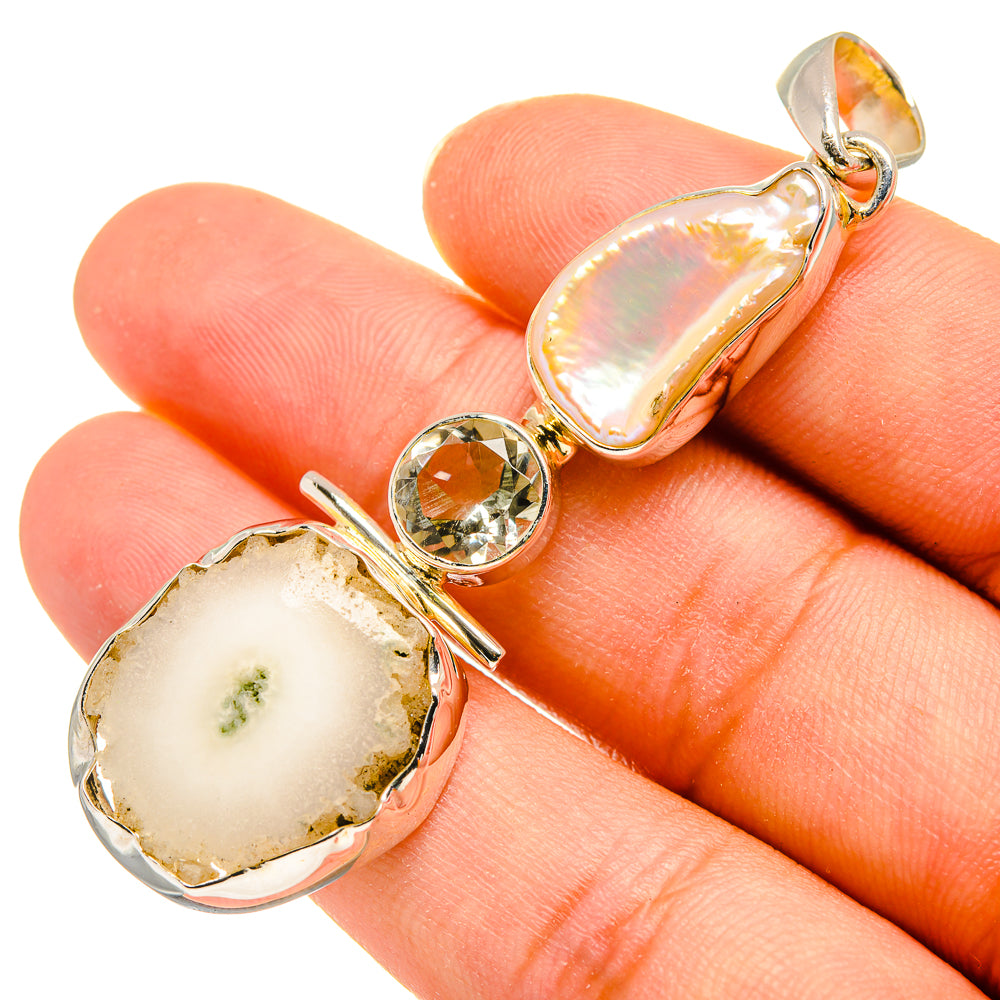 White Solar Quartz, Mother Of Pearl, Green Amethyst Pendants handcrafted by Anasilvercos - PD8160