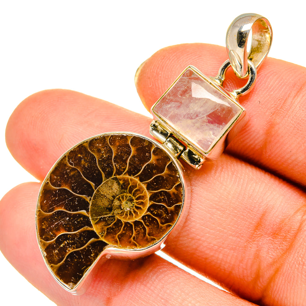 Ammonite Fossil, Rainbow Moonstone Pendants handcrafted by Anasilvercos - PD9319
