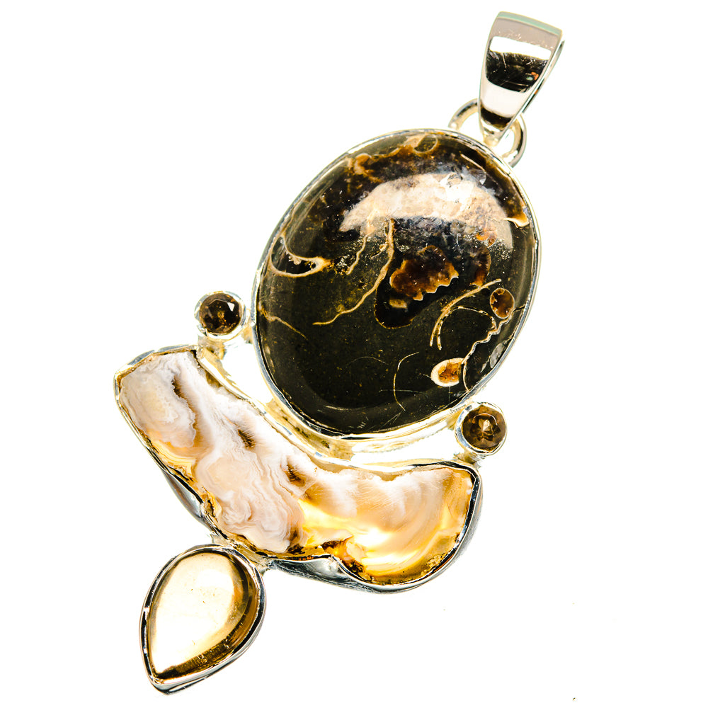 Turritella Agate, Mother Of Pearl, Smoky Quartz Pendants handcrafted by Anasilvercos - PD13528