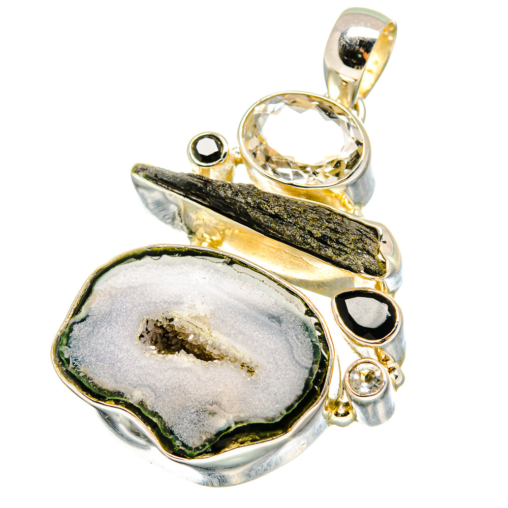 Coconut Geode Slice, White Quartz, Black Tourmaline, Black Onyx Pendants handcrafted by Anasilvercos - PD13623