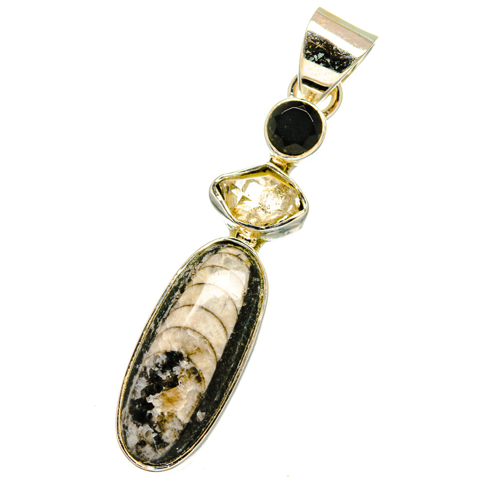 Orthoceras Fossil, Herkimer Diamond, Black Onyx Pendants handcrafted by Anasilvercos - PD13661
