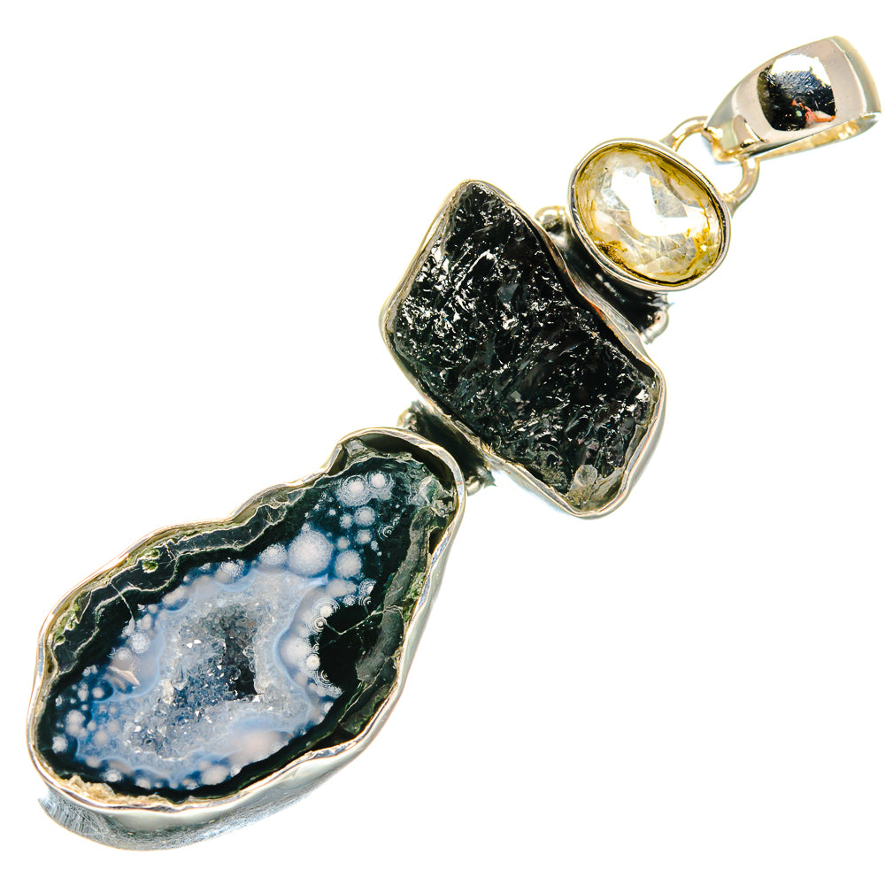 Coconut Geode Druzy, Black Tourmaline, White Quartz Pendants handcrafted by Anasilvercos - PD18298