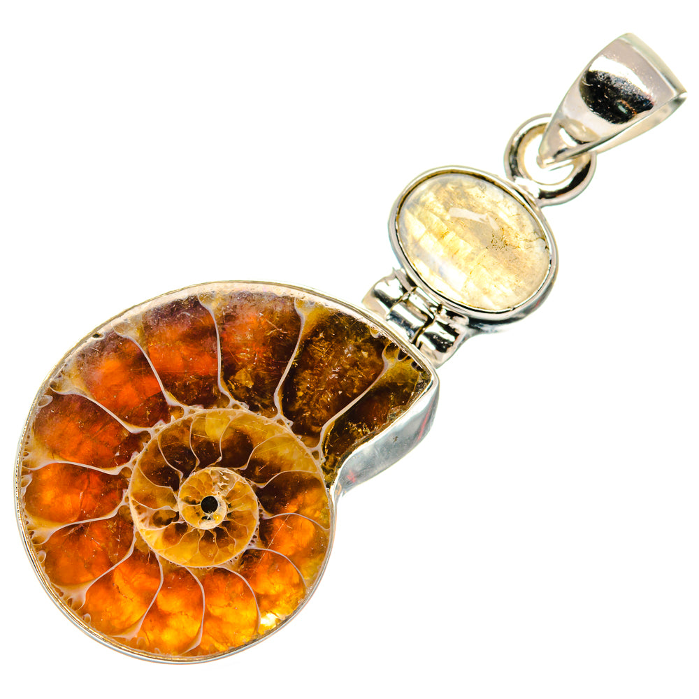 Ammonite Fossil, Rainbow Moonstone Pendants handcrafted by Anasilvercos - PD21754