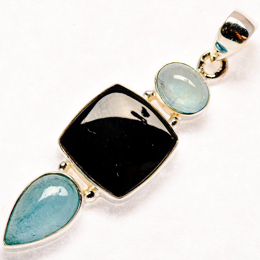 Black Onyx, Aquamarine Pendants handcrafted by Anasilvercos - PD21828