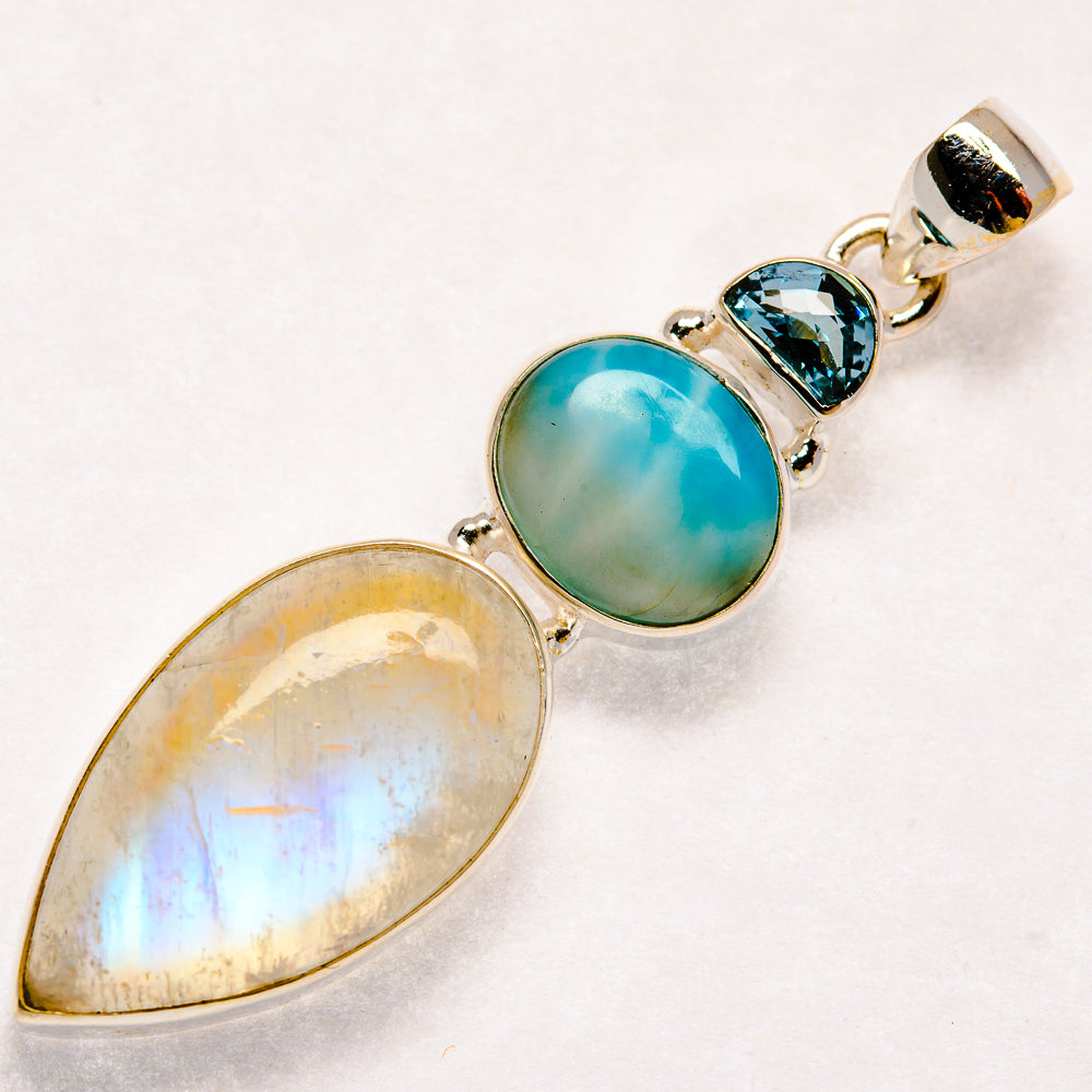 Rainbow Moonstone, Larimar, Blue Topaz Pendants handcrafted by Anasilvercos - PD21836