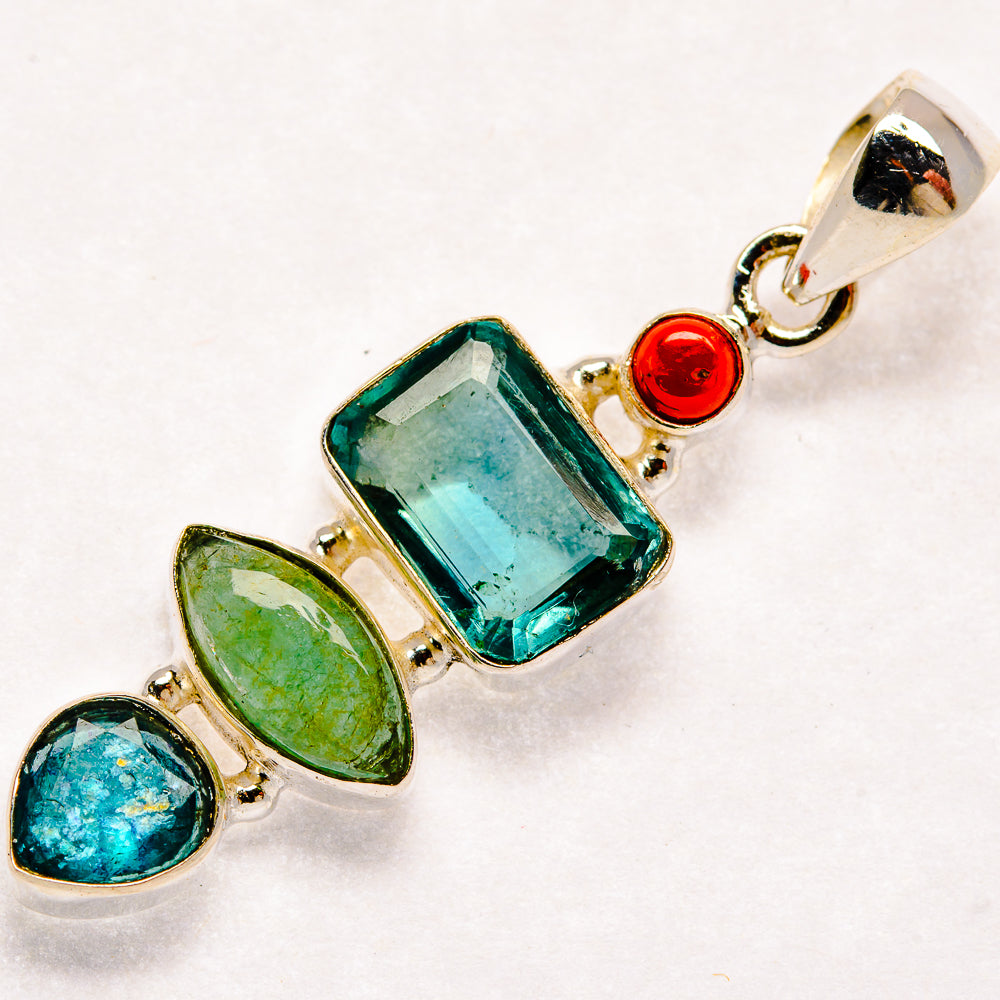 Blue Topaz, Prehnite, Red Coral Pendants handcrafted by Anasilvercos - PD21845