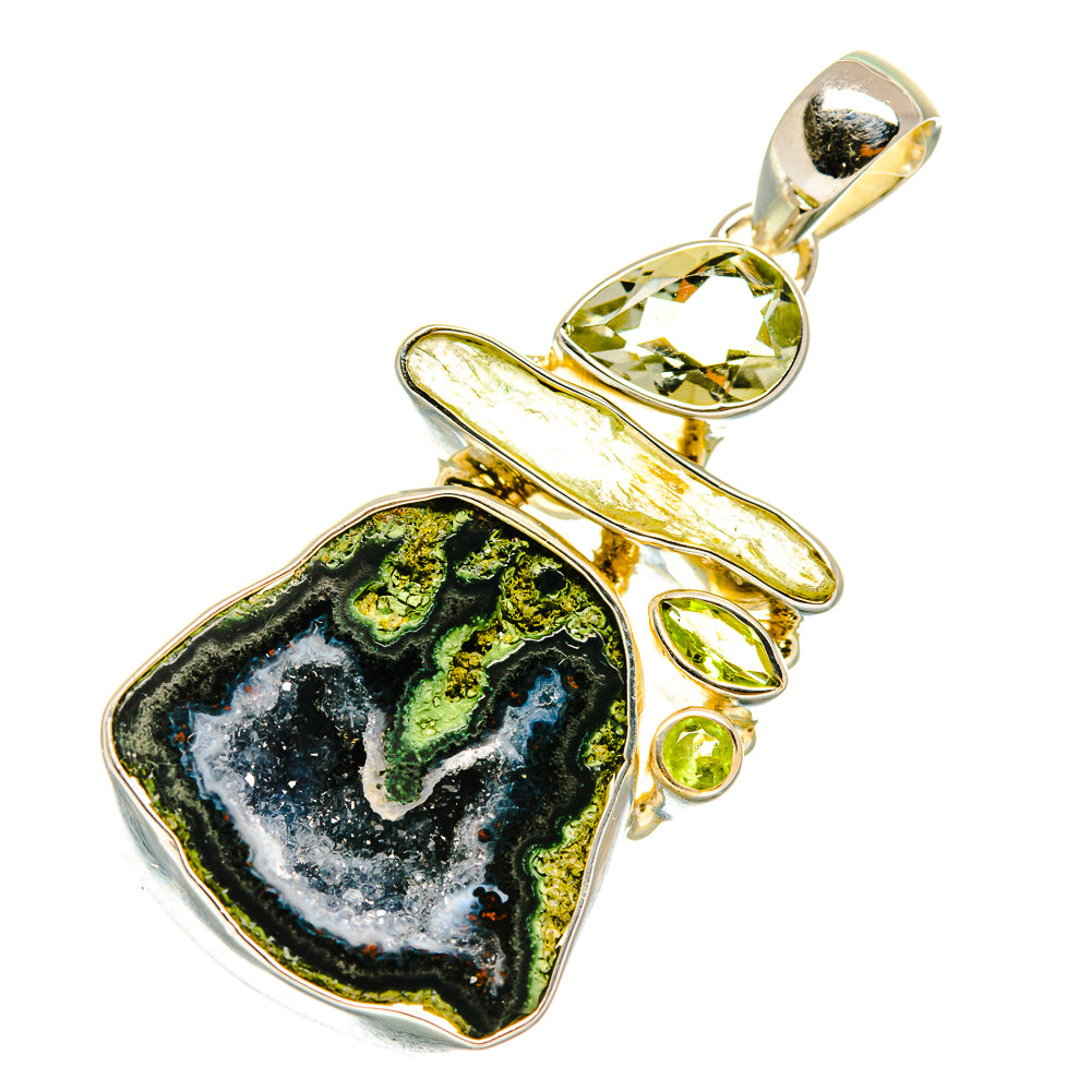 Coconut Geode Slice, Green Tourmaline, Green Amethyst, Peridot Pendants handcrafted by Anasilvercos - PD4338