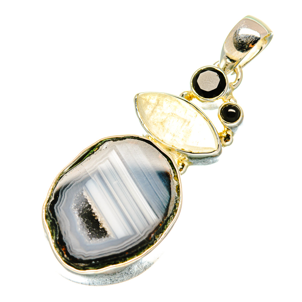 Coconut Geode Slice, Rainbow Moonstone, Black Onyx Pendants handcrafted by Anasilvercos - PD4339