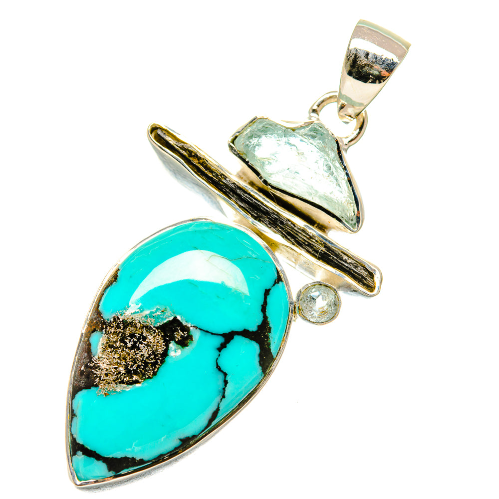 Tibetan Turquoise, Aquamarine, Green Tourmaline Pendants handcrafted by Anasilvercos - PD4453