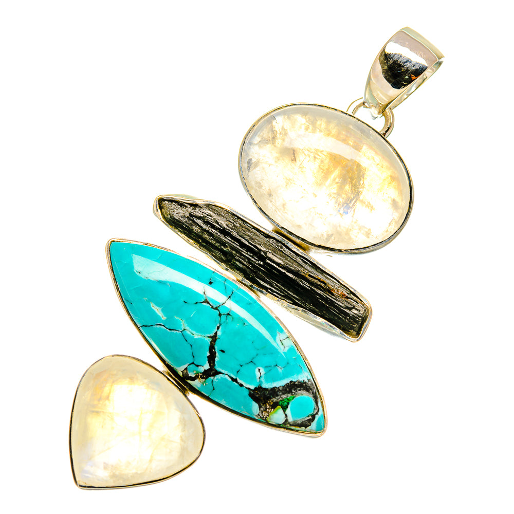 Tibetan Turquoise, Rainbow Moonstone, Green Tourmaline Pendants handcrafted by Anasilvercos - PD4454