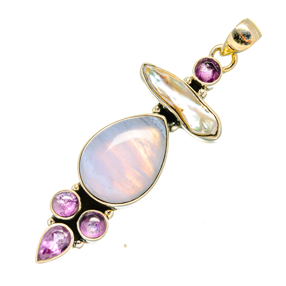 Blue Lace Agate, Mother Of Pearl, Amethyst Pendants handcrafted by Anasilvercos - PD8018