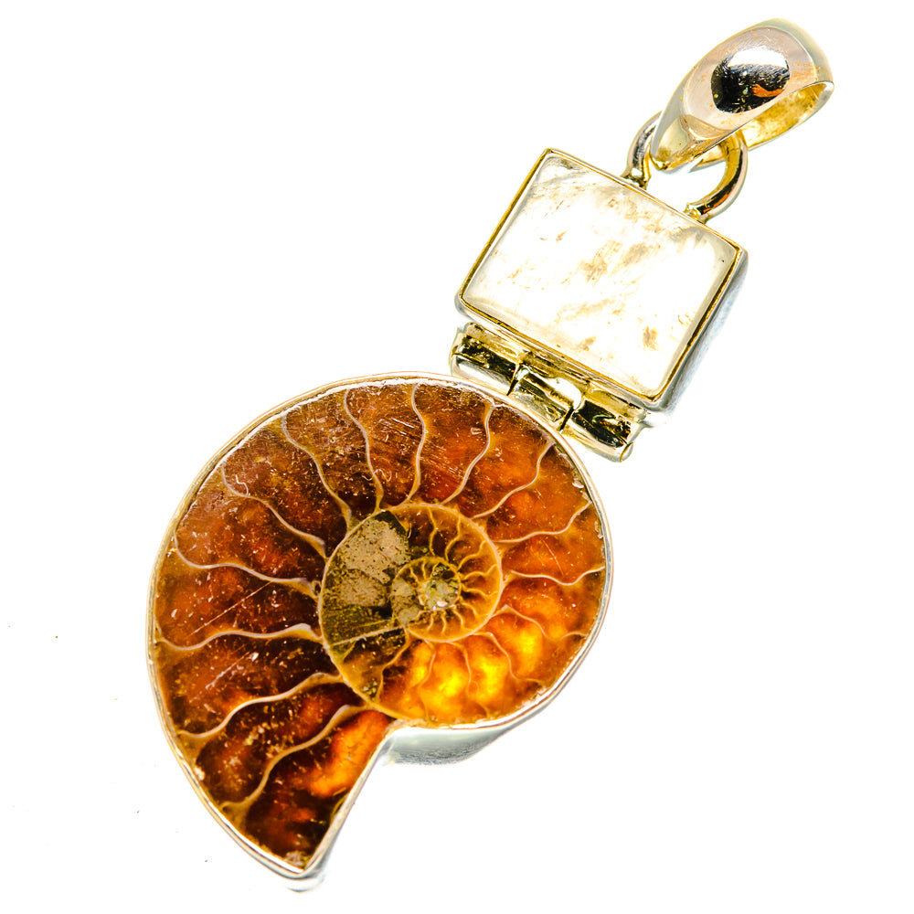 Ammonite Fossil, Rainbow Moonstone Pendants handcrafted by Anasilvercos - PD9319