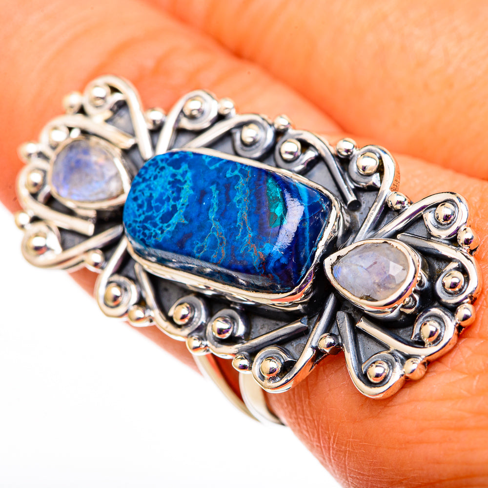Azurite, Rainbow Moonstone Rings handcrafted by Anasilvercos - RING105891