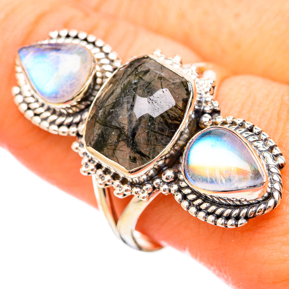 Tourmalinated Quartz, Rainbow Moonstone Rings handcrafted by Anasilvercos - RING115015