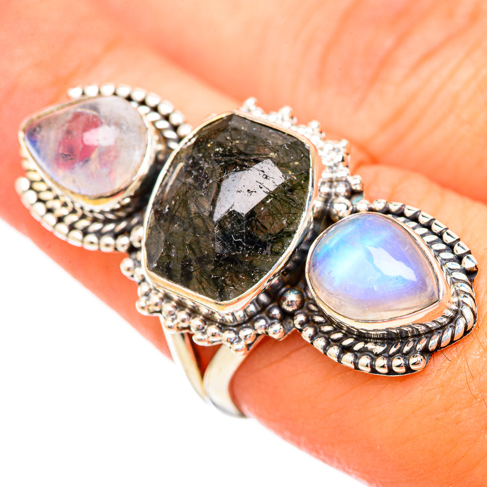 Tourmalinated Quartz, Rainbow Moonstone Rings handcrafted by Anasilvercos - RING115066