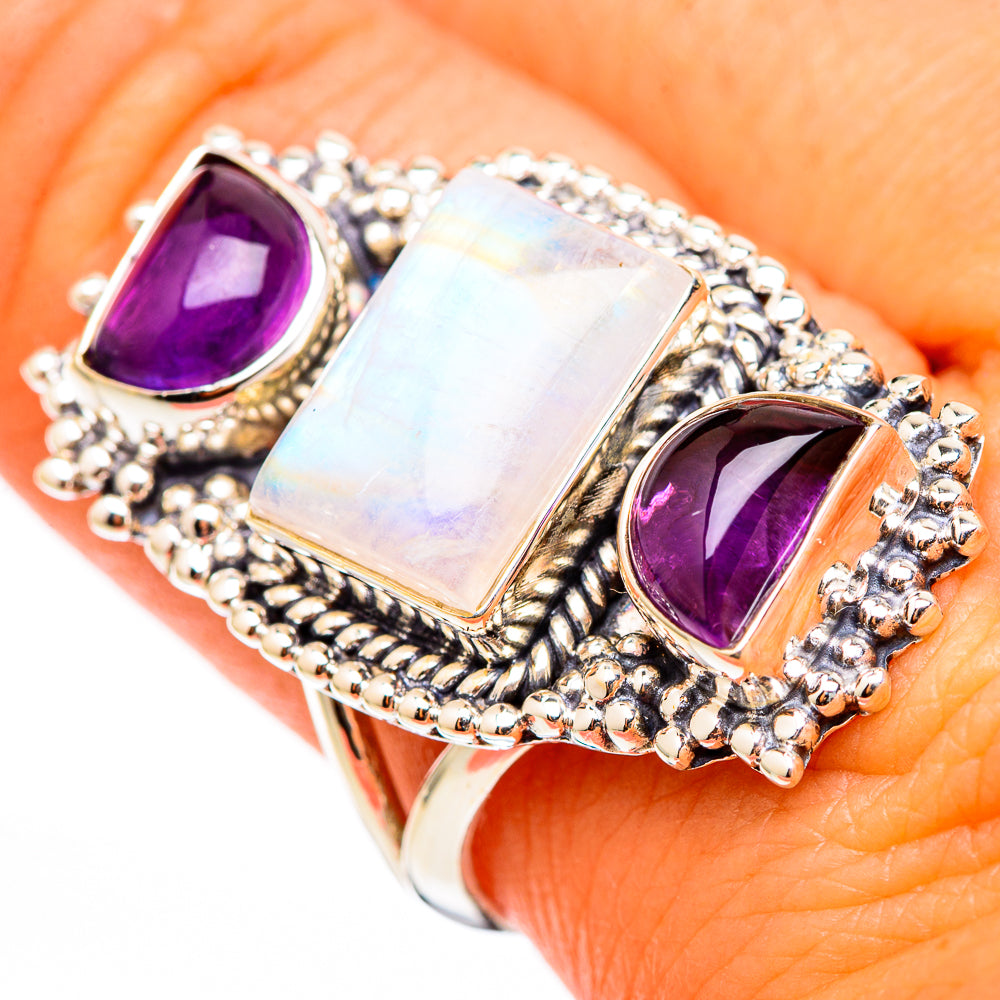 Rainbow Moonstone, Amethyst Rings handcrafted by Anasilvercos - RING116354