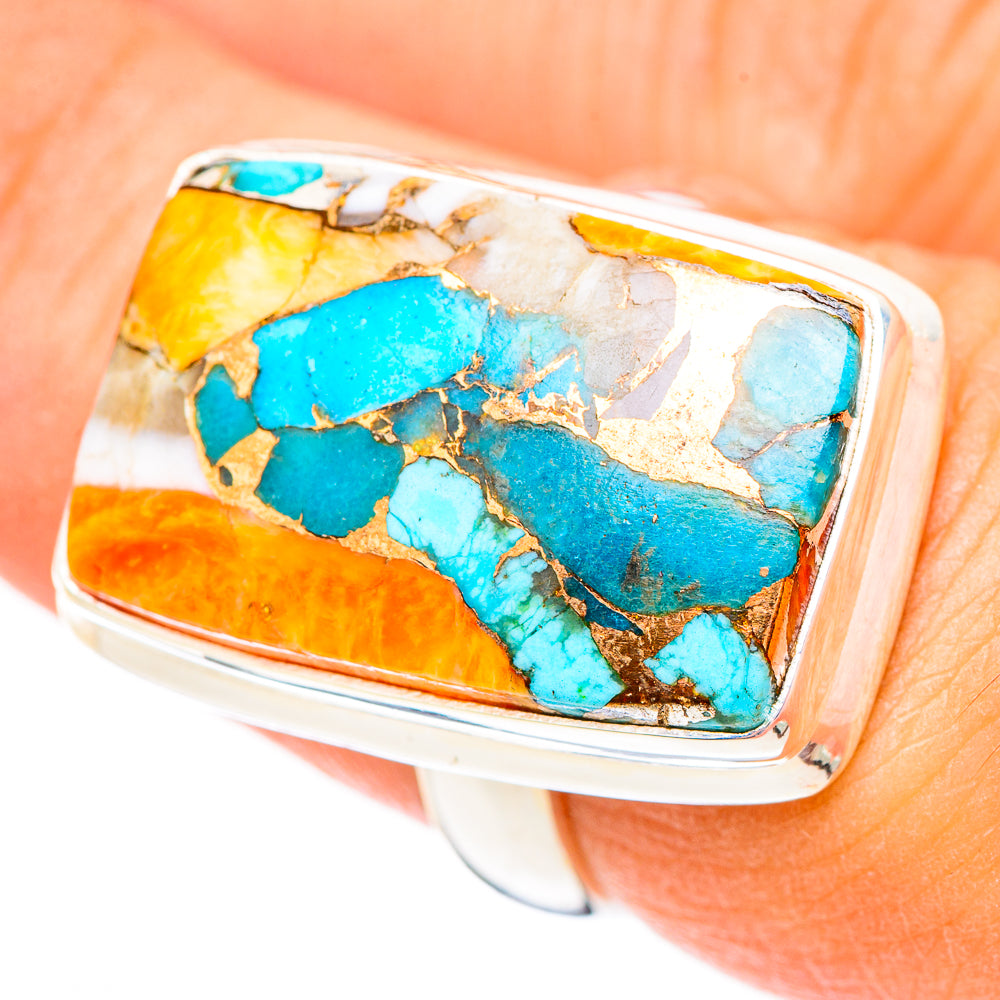 Blue Orange Copper Composite Turquoise Rings handcrafted by Anasilvercos - RING116567