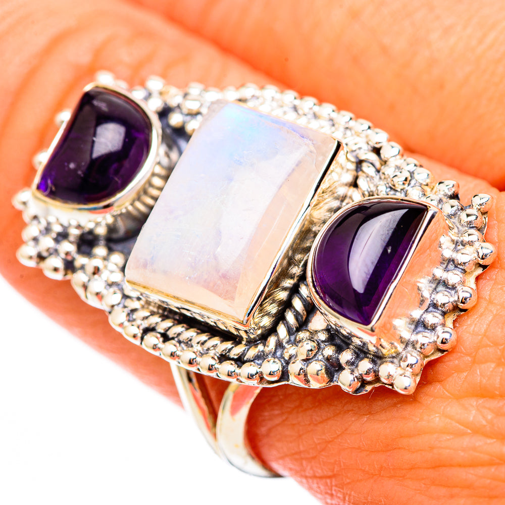 Rainbow Moonstone, Amethyst Rings handcrafted by Anasilvercos - RING116696
