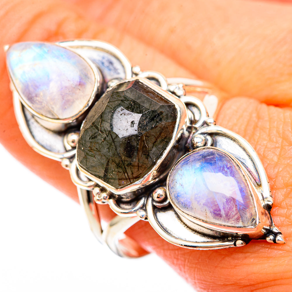 Tourmalinated Quartz, Rainbow Moonstone Rings handcrafted by Anasilvercos - RING116697