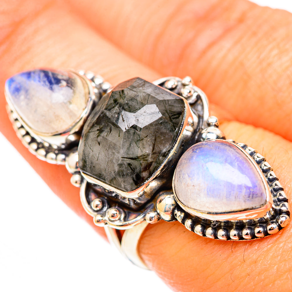 Tourmalinated Quartz, Rainbow Moonstone Rings handcrafted by Anasilvercos - RING116726