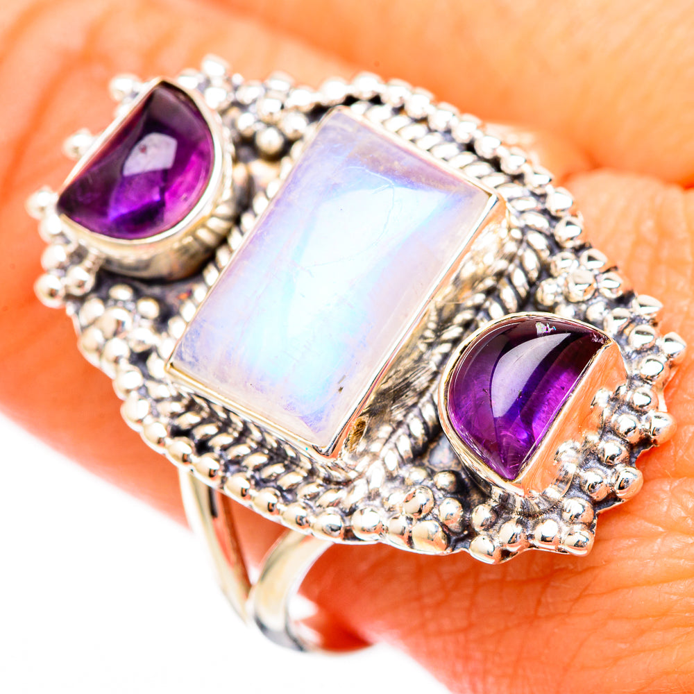 Rainbow Moonstone, Amethyst Rings handcrafted by Anasilvercos - RING116752
