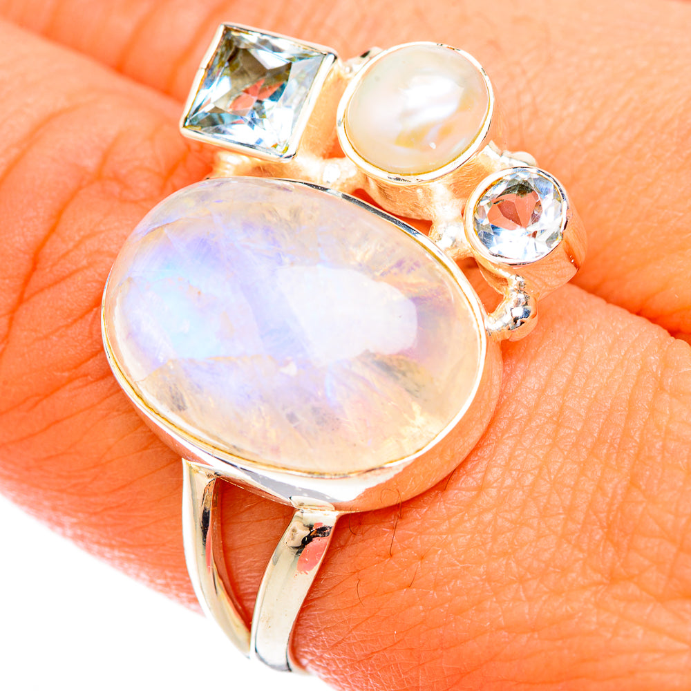 Rainbow Moonstone, Blue Topaz, Cultured Pearl Rings handcrafted by Anasilvercos - RING119262