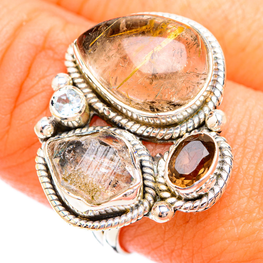 Rutilated Quartz, Herkimer Diamond, Garnet Rings handcrafted by Anasilvercos - RING119336