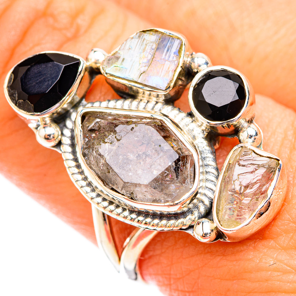 Herkimer Diamond, Black Onyx, Rainbow Moonstone Rings handcrafted by Anasilvercos - RING119337