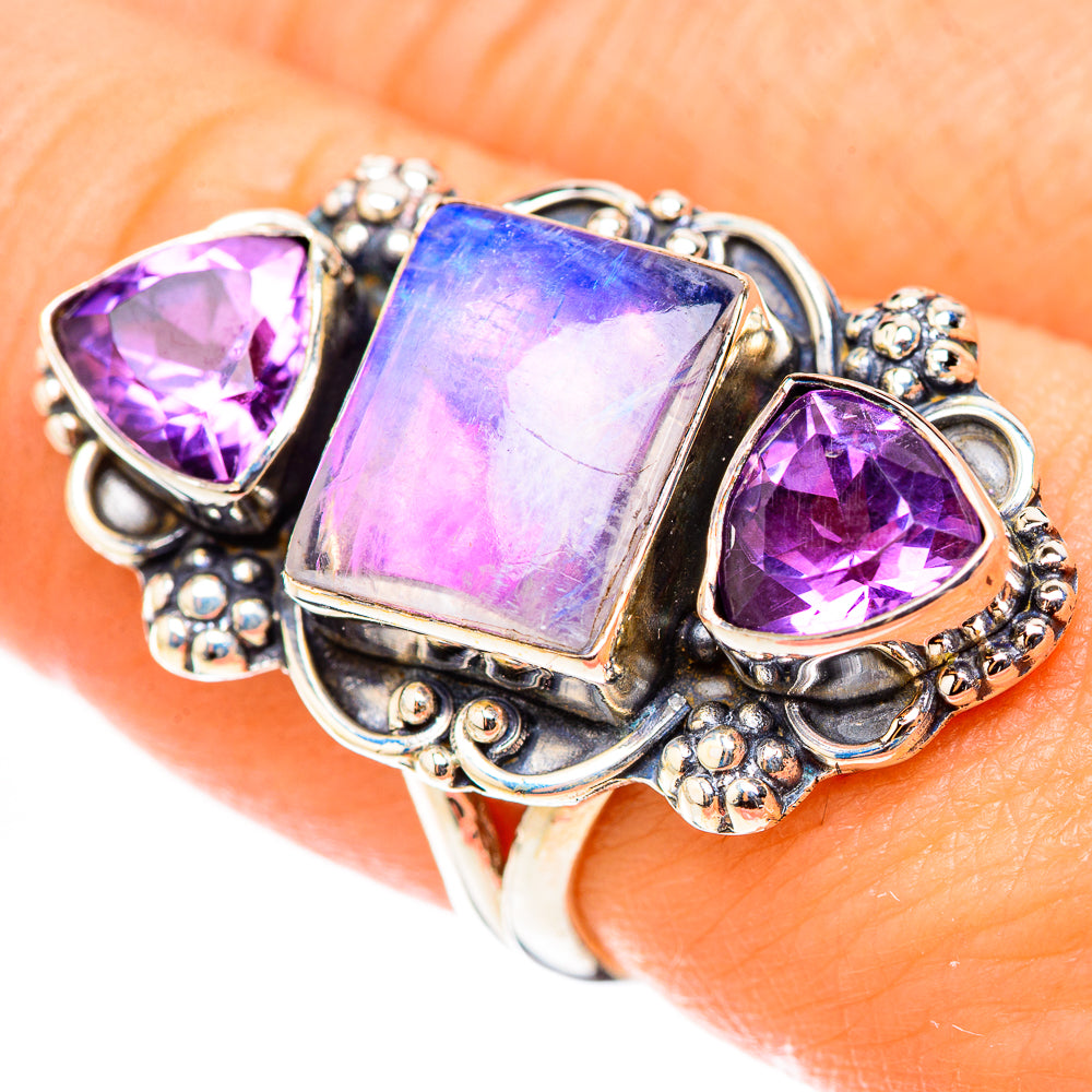 Rainbow Moonstone Rings handcrafted by Anasilvercos - RING124042
