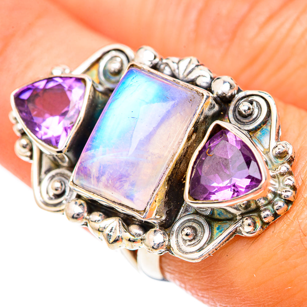 Rainbow Moonstone Rings handcrafted by Anasilvercos - RING125107