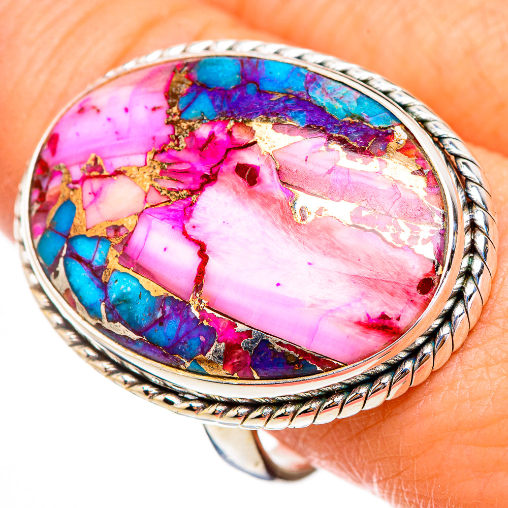 Kingman Pink Dahlia Turquoise Rings handcrafted by Anasilvercos - RING126049