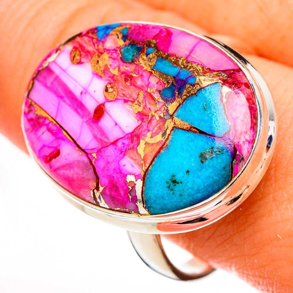 Kingman Pink Dahlia Turquoise Rings handcrafted by Anasilvercos - RING126334