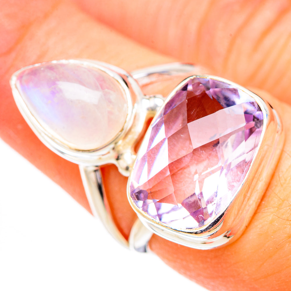 Pink Amethyst, Rainbow Moonstone Rings handcrafted by Anasilvercos - RING126715