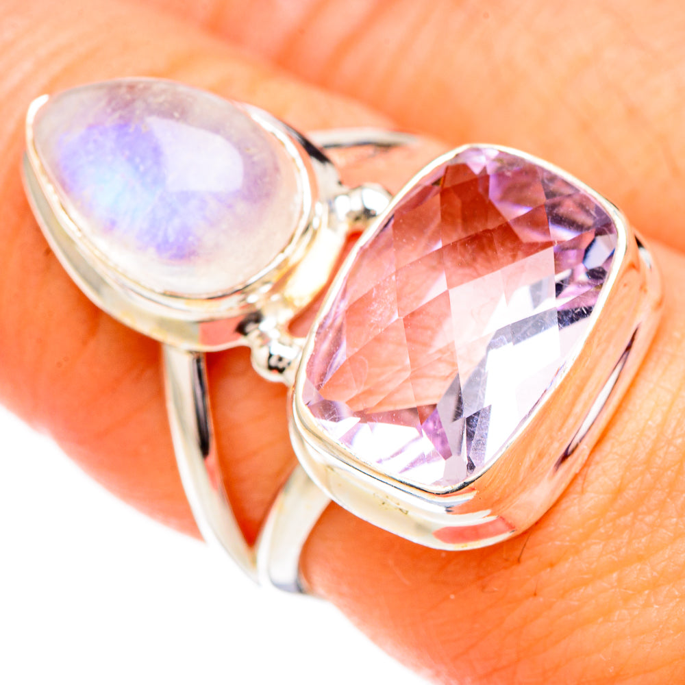 Pink Amethyst, Rainbow Moonstone Rings handcrafted by Anasilvercos - RING126750