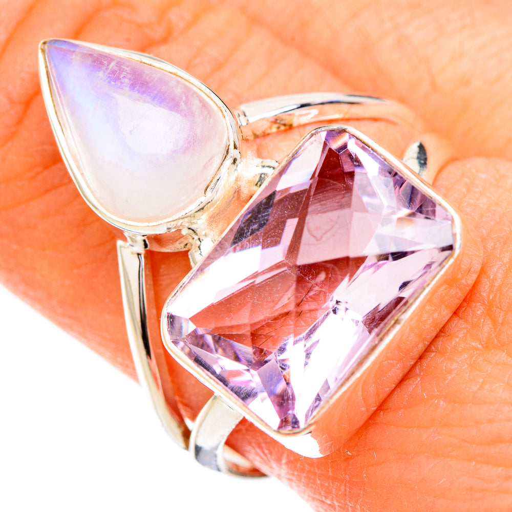Pink Amethyst, Rainbow Moonstone Rings handcrafted by Anasilvercos - RING126878