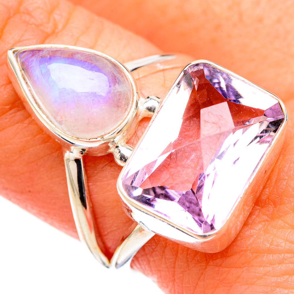 Pink Amethyst, Rainbow Moonstone Rings handcrafted by Anasilvercos - RING127025