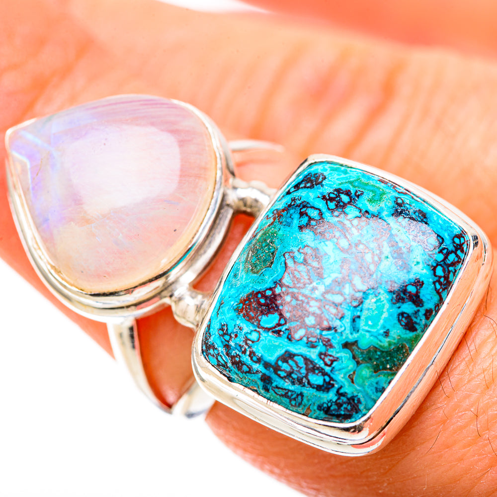 Shattuckite, Rainbow Moonstone Rings handcrafted by Anasilvercos - RING129096