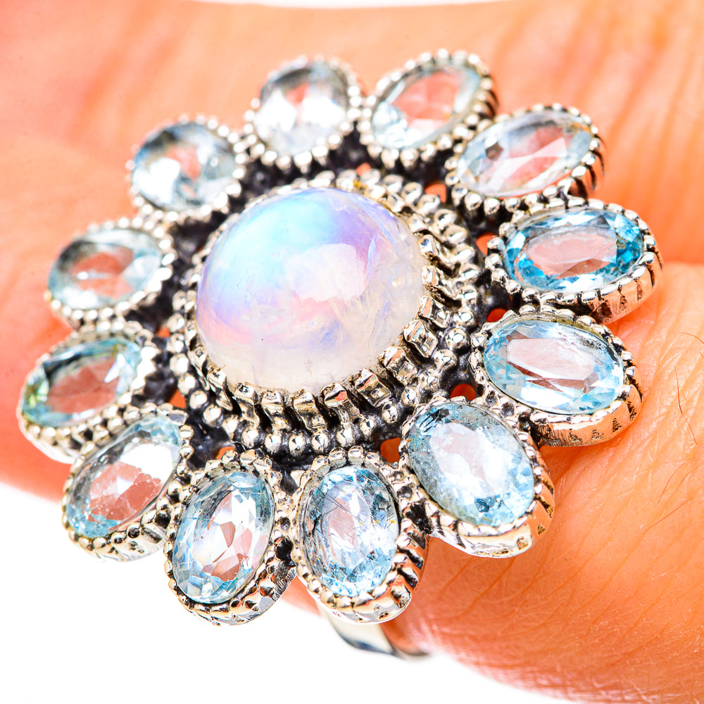 Rainbow Moonstone, Blue Topaz Rings handcrafted by Anasilvercos - RING129097