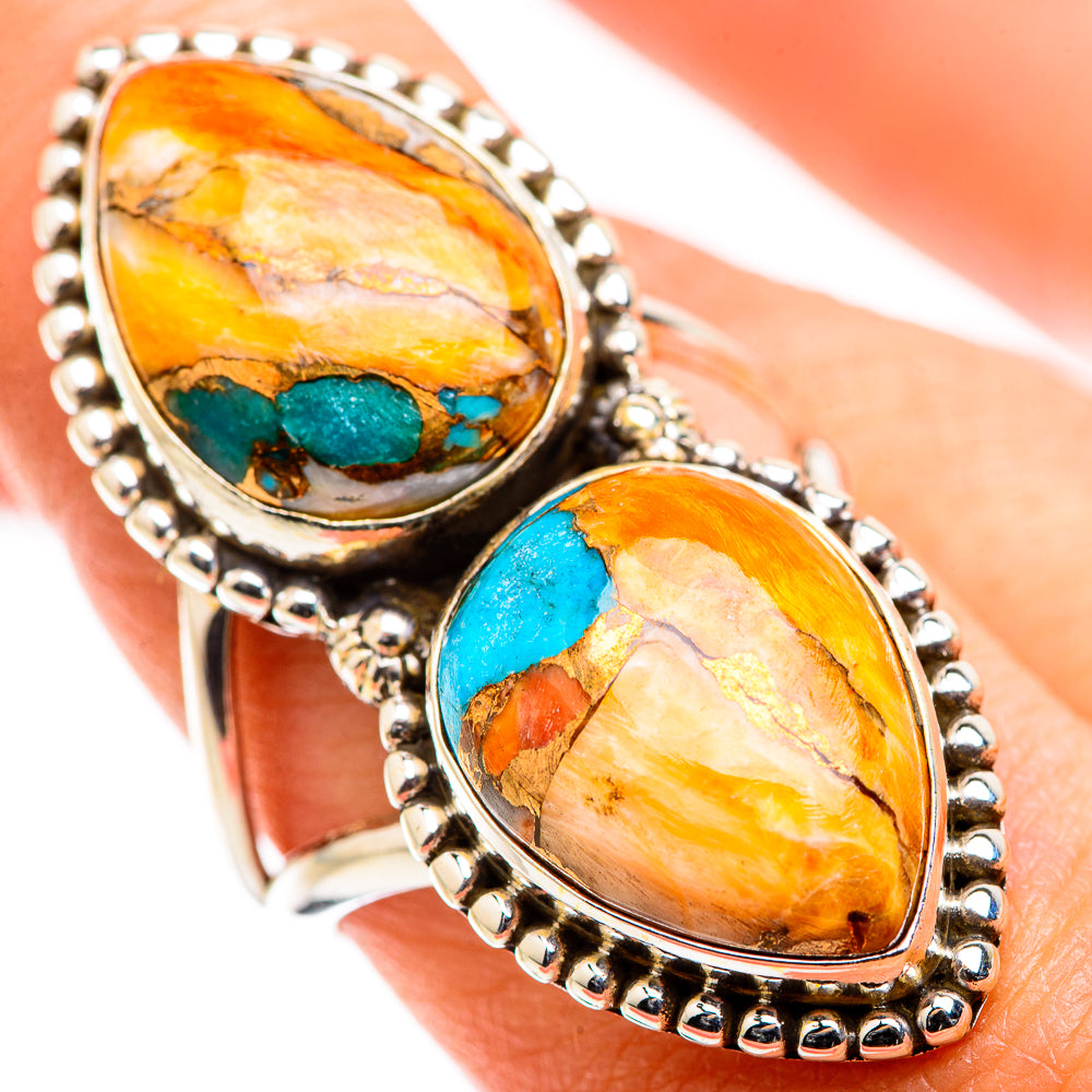 Blue Orange Copper Composite Turquoise Rings handcrafted by Anasilvercos - RING129508
