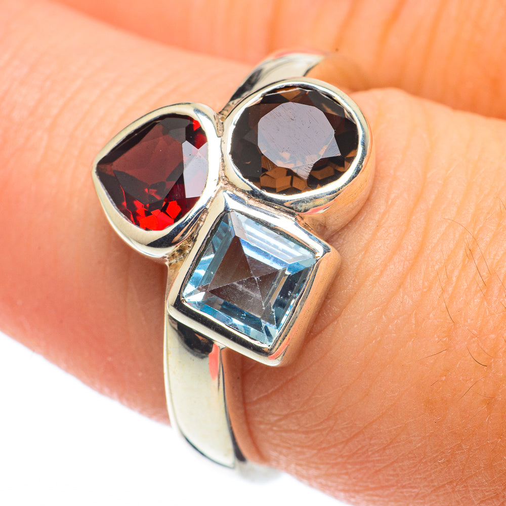 Garnet, Smoky Quartz, Blue Topaz Rings handcrafted by Anasilvercos - RING64689