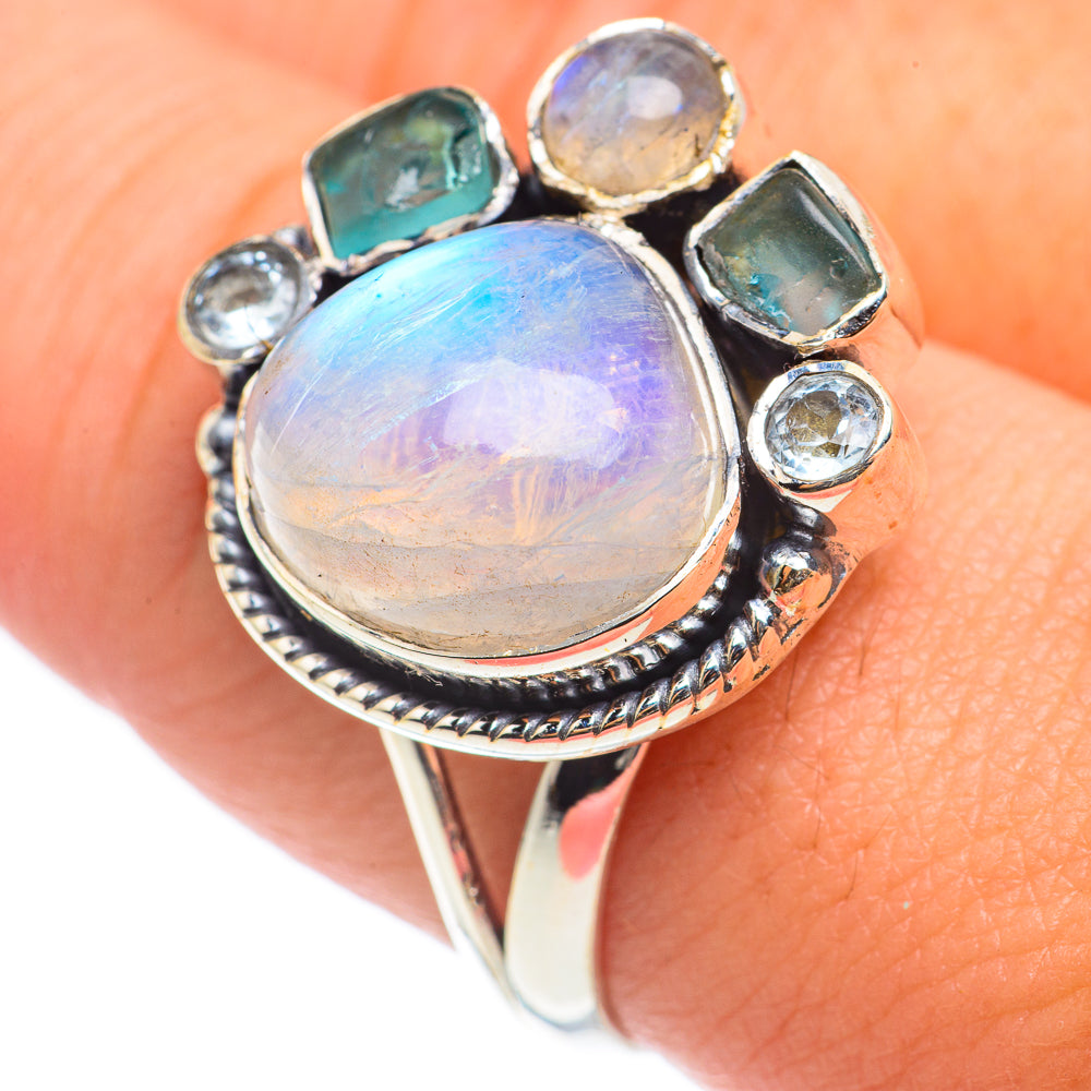 Rainbow Moonstone, Aquamarine, Blue Topaz Rings handcrafted by Anasilvercos - RING69196