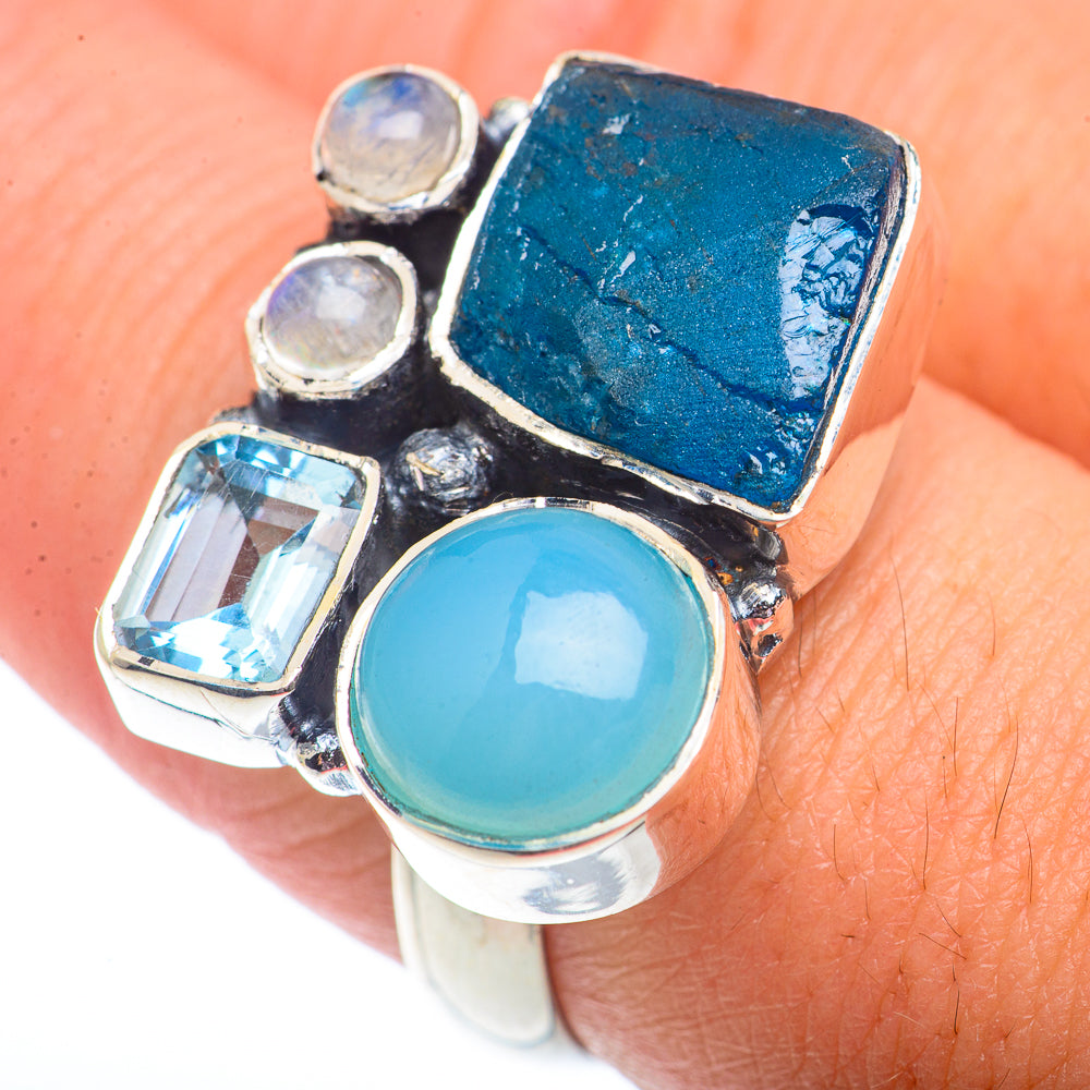 Blue Fluorite, Aqua Chalcedony, Blue Topaz, Rainbow Moonstone Rings handcrafted by Anasilvercos - RING73523