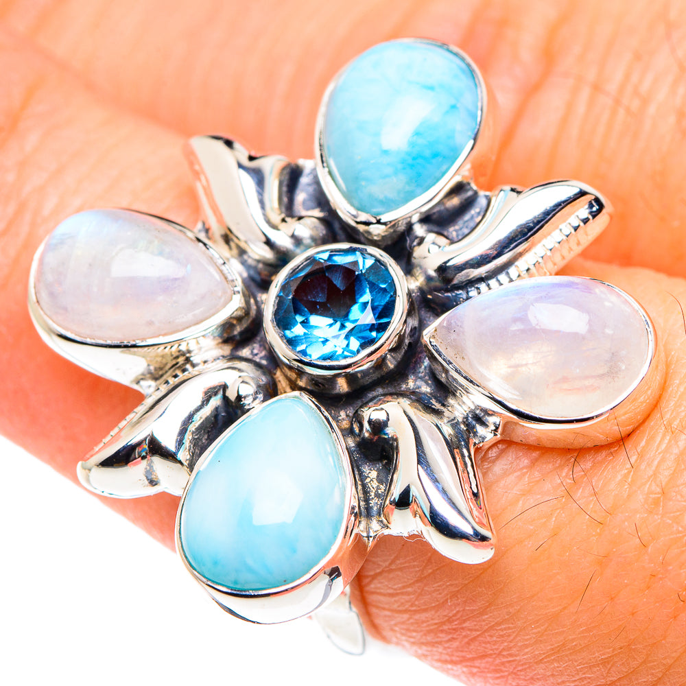 Larimar, Rainbow Moonstone, Blue Topaz Rings handcrafted by Anasilvercos - RING87353
