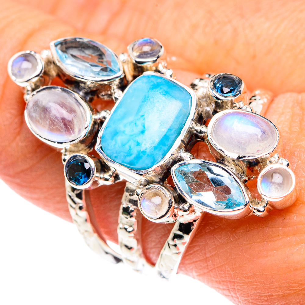 Larimar, Rainbow Moonstone, Blue Topaz Rings handcrafted by Anasilvercos - RING87398