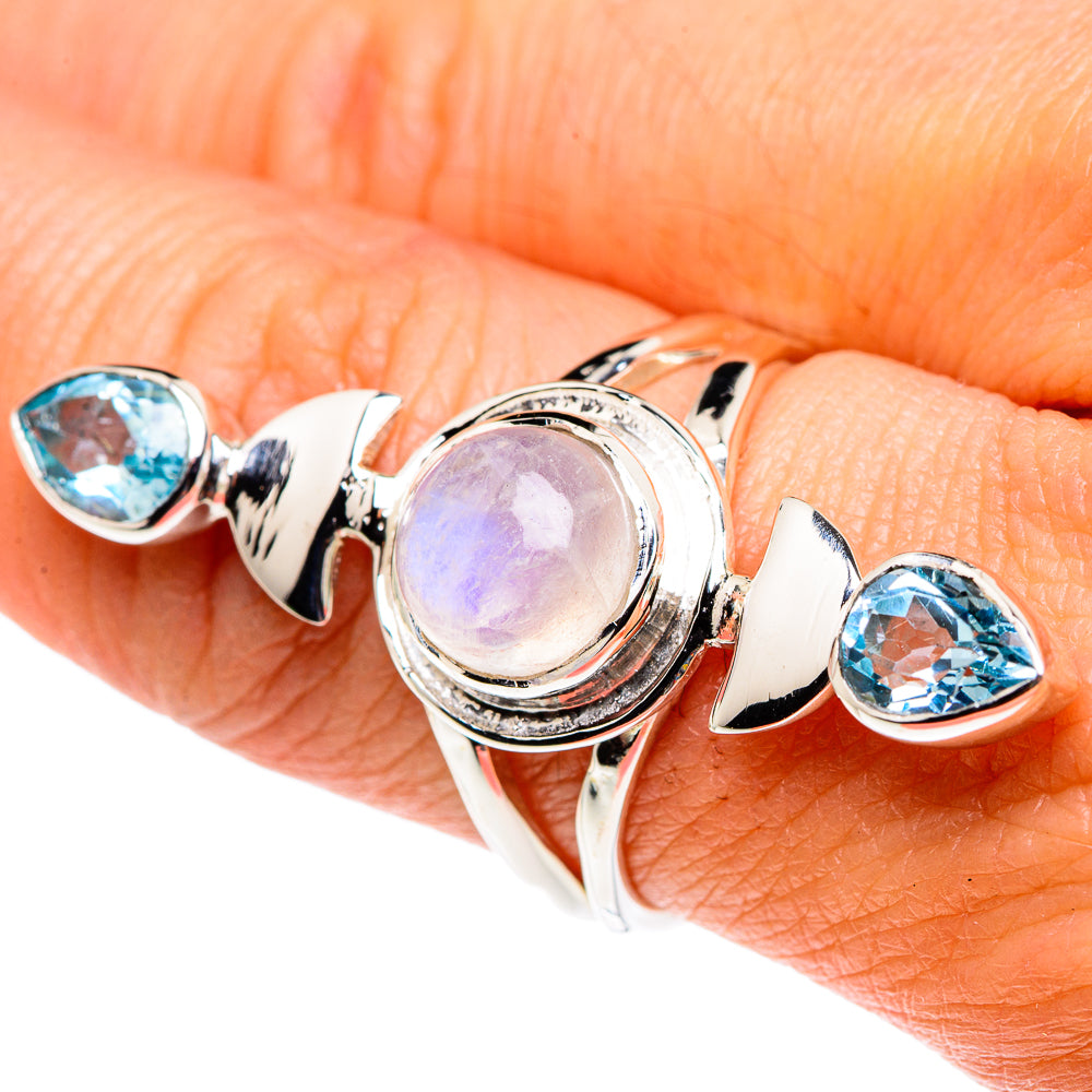 Rainbow Moonstone, Blue Topaz Rings handcrafted by Anasilvercos - RING87418