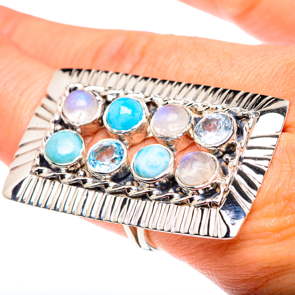 Larimar, Rainbow Moonstone, Blue Topaz Rings handcrafted by Anasilvercos - RING87512