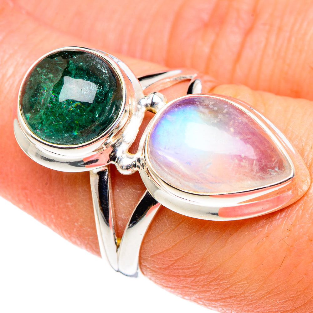Rainbow Moonstone, Green Tourmaline Rings handcrafted by Anasilvercos - RING90461