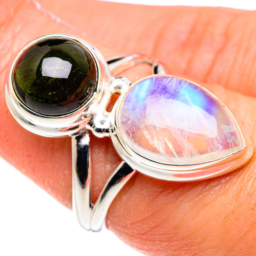 Rainbow Moonstone, Green Tourmaline Rings handcrafted by Anasilvercos - RING90509